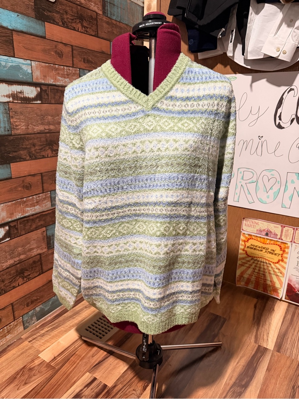 Croft & Barrow Soft Striped V Neck Sweater Green Blue Cozy Cottagecore